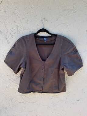 GAP Brown Button-Front V-Neck Short Sleeve Top